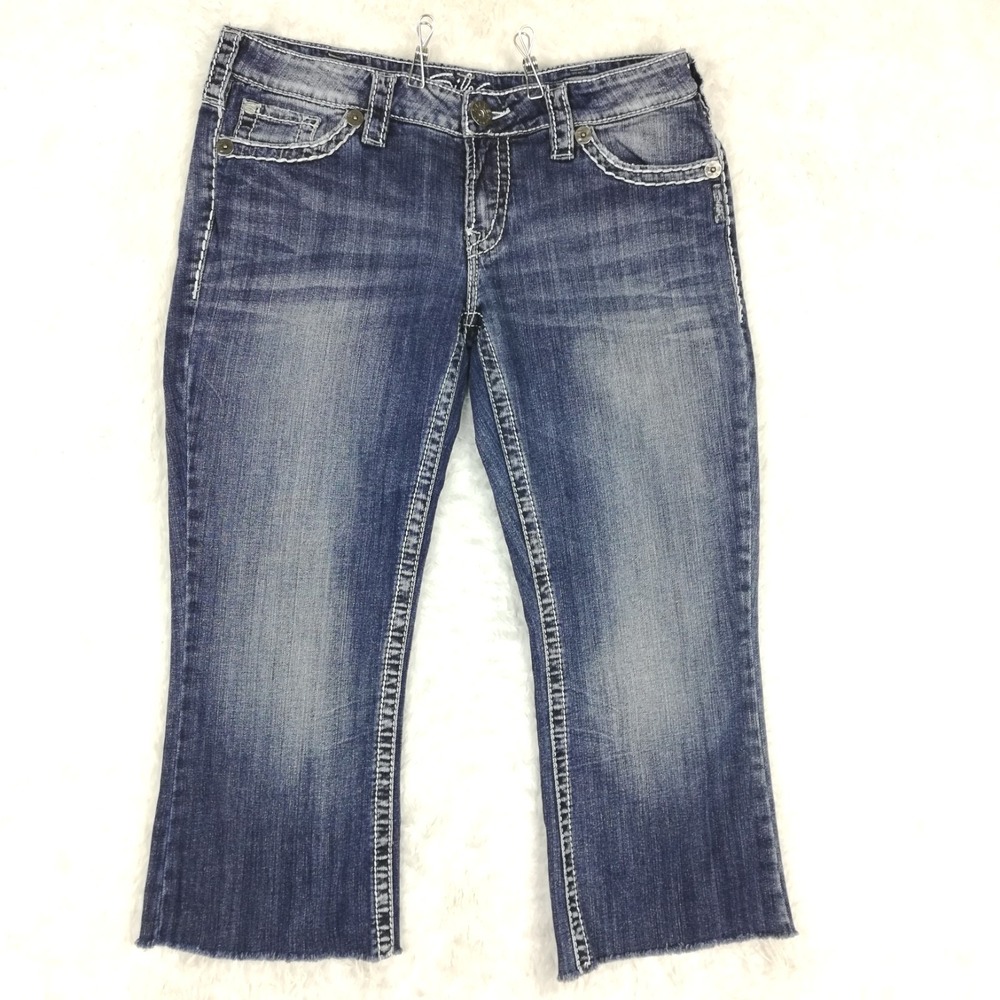 Silver Jeans Womens Aiko Capri Boot Cut Blue Denim Whiskering Stone Wash‎ Low 31